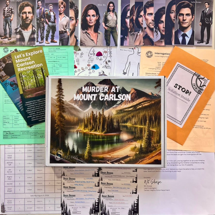 “Clue materials from Murder at Mount Carlson laid out, including suspect files, puzzles, evidence, and police reports for an immersive murder mystery box game.”