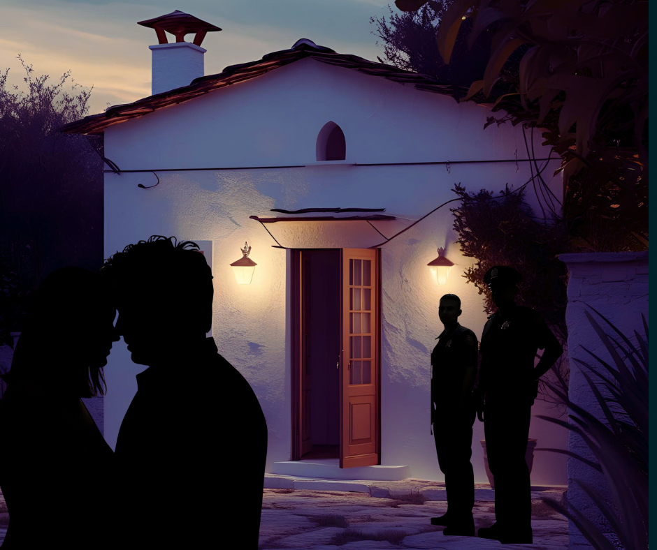 White cottage in background with silhouettes of couple and Police