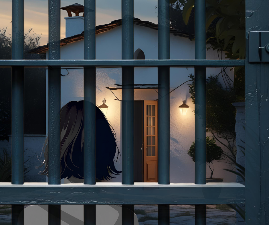 White cottage and silhouette of girl behind bars 