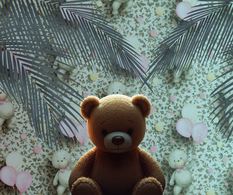 Brown teddy bear sitting on a floral and leaf-patterned surface