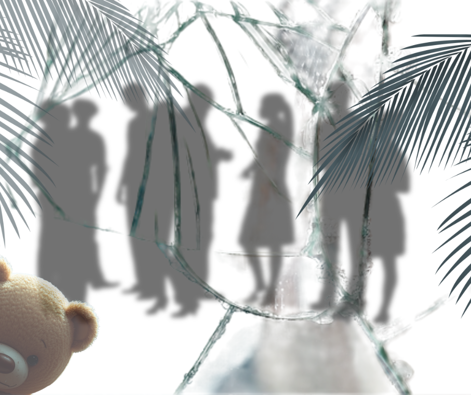 Shattered glass with silhouettes of people and a teddy bear on a white background