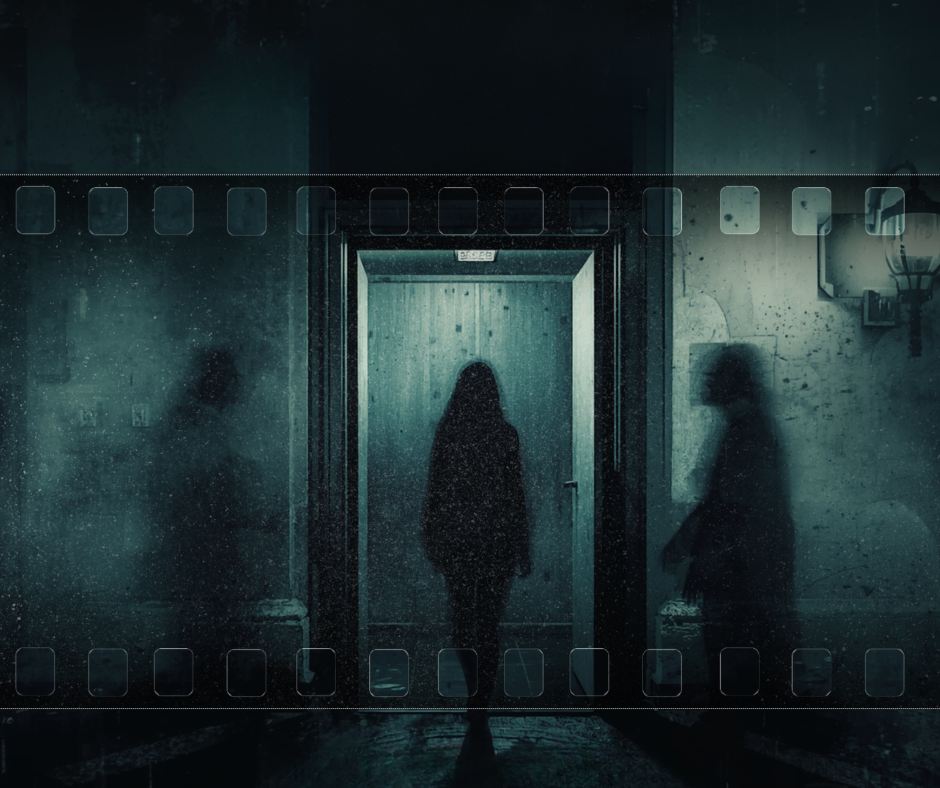 Silhouettes of people in a dark, eerie hallway with a film strip border.