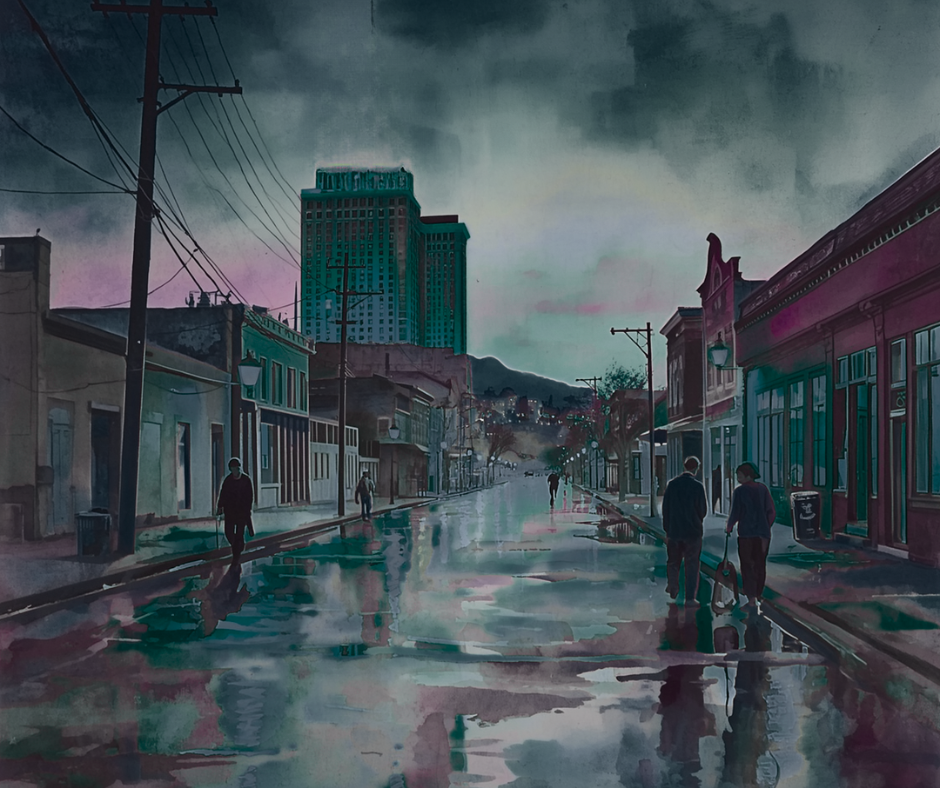 City street scene with people walking on a rainy day, featuring a tall hotel in the background.