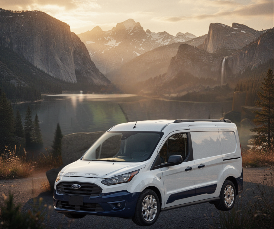 White Ford van parked in a scenic mountainous area with a lake and waterfall.