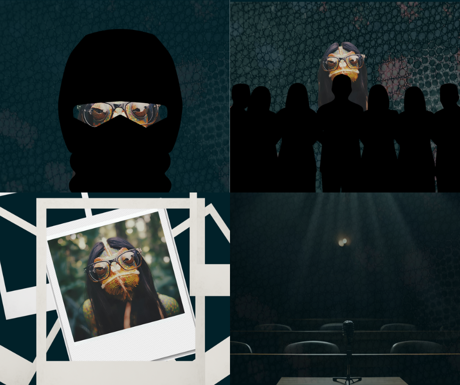 A dark collage-style graphic featuring a black hooded figure wearing aviator-style glasses, silhouettes of people in a theater-like setting, a framed photo of a person in a mask and glasses, and a dim stage-like background.