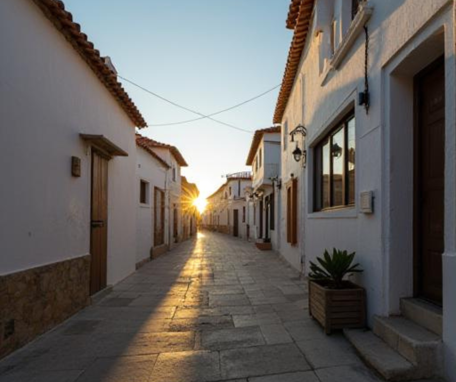 Sunset barely visible between white buildings on  residential street