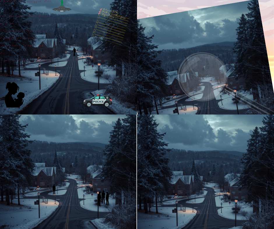 A four-panel collage of a snowy mountain village road at dusk, showing snow-covered trees, houses, a car, and a police car with dramatic streetlights and a dark cloudy sky.