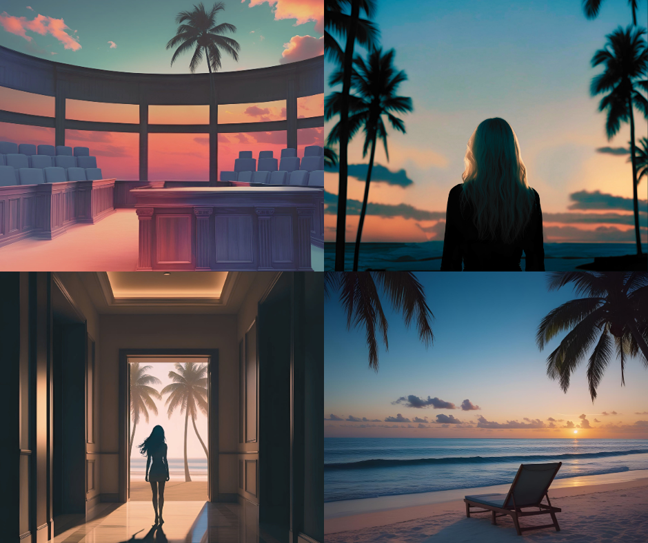 A four-panel collage of tropical beach and interior scenes at sunset: a modern curved lounge interior with palm trees, a woman standing in silhouette against the ocean, a hallway opening onto a beach with a palm tree view, and a beach chair on a calm shoreline under a blue-orange sky.