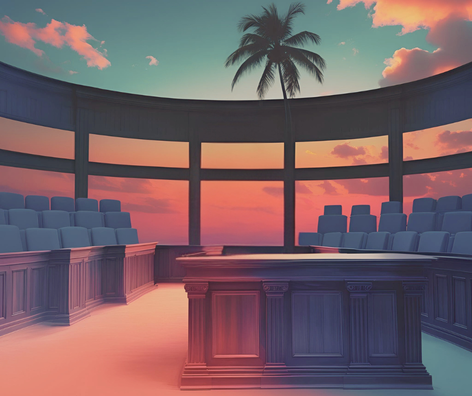 Judge's desk center of jury seats with Aruba beachy sunset through windows