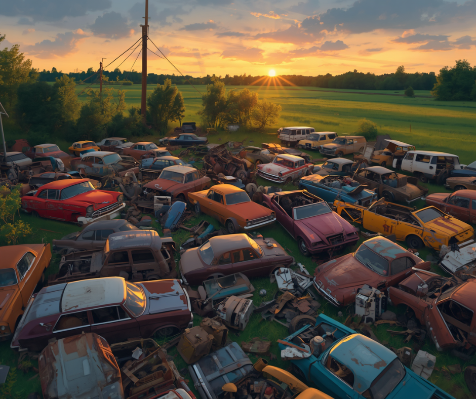Aerial view of a large lot filled with numerous vintage and classic cars in various colors, situated in a grassy field near trees and a utility pole under a dramatic sunset sky.