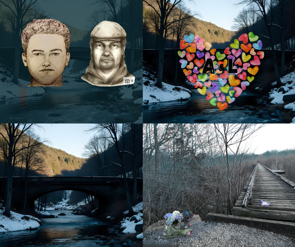A four-panel collage showing outdoor scenes: two portrait cutouts above a stream, a heart made of many colorful flowers over water, a bridge over a river, and a wooden walkway beside the stream with flowers at the end.